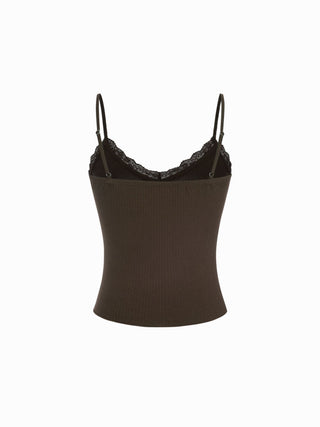 Textured V-neck Lace Trim Cami Top