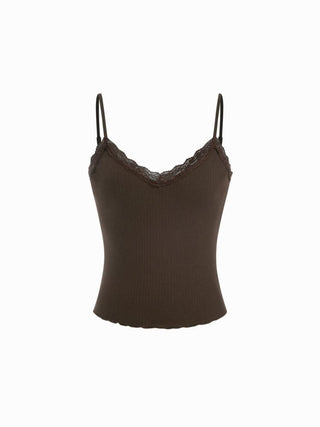 Textured V-neck Lace Trim Cami Top