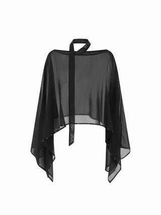 Chiffon Boat Neck Cloak Sleeve See-through Oversized Cape With Scarf