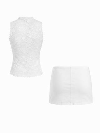 Lace Cut Out Halter Neck Top & Low Rise A-line Mini Skirt Set