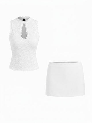 Lace Cut Out Halter Neck Top & Low Rise A-line Mini Skirt Set
