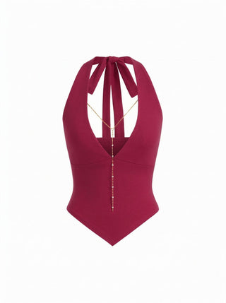 High Stretch Halter Neckline Chain Detail Asymmetrical Hem Crop Top