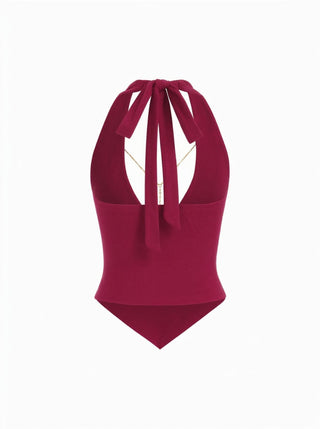 High Stretch Halter Neckline Chain Detail Asymmetrical Hem Crop Top