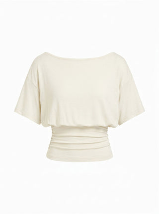 Boat Neck Batwing Sleeve Backless Drawstring Metal Detail Oversized Crop Tee
