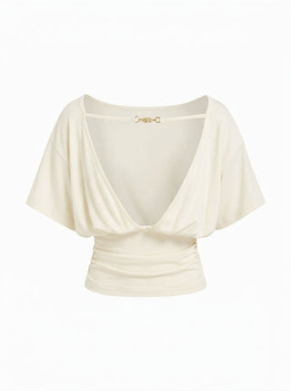 Boat Neck Batwing Sleeve Backless Drawstring Metal Detail Oversized Crop Tee