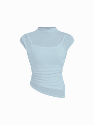 High Neck Ruched Asymmetrical Sheer Short Sleeve Top