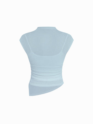 High Neck Ruched Asymmetrical Sheer Short Sleeve Top