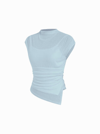 High Neck Ruched Asymmetrical Sheer Short Sleeve Top