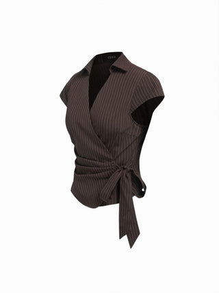 Cotton-blend Polo Neck Stripe Knotted Blouse
