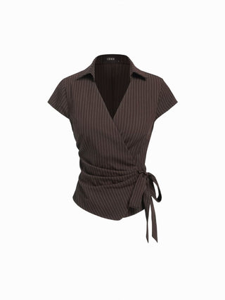 Cotton-blend Polo Neck Stripe Knotted Blouse