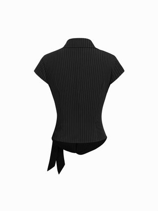 Cotton-blend Polo Neck Stripe Knotted Blouse