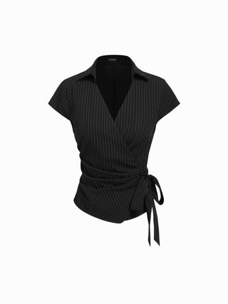 Cotton-blend Polo Neck Stripe Knotted Blouse