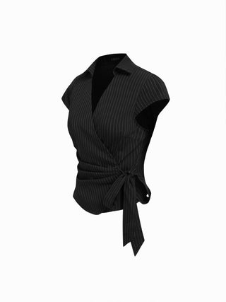 Cotton-blend Polo Neck Stripe Knotted Blouse