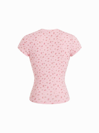 Cotton-blend Floral Round Neck Short Sleeve Tee