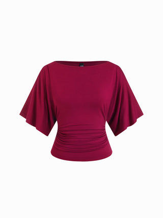 Modal-blend Boat Neck Short Sleeve Cut Out Ruched Top