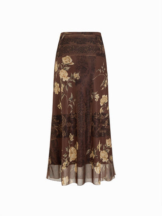 Mesh Mid Rise Floral Graphic Lettuce Trim Midi Skirt