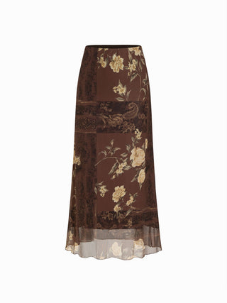 Mesh Mid Rise Floral Graphic Lettuce Trim Midi Skirt