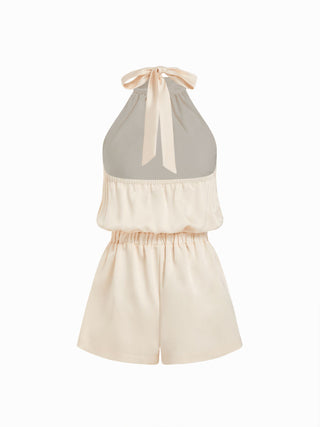 Satin Halter Neck High Rise Drawstring Pocket Romper