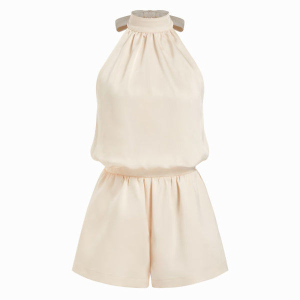 Satin Halter Neck High Rise Drawstring Pocket Romper