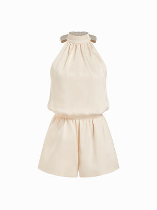 Satin Halter Neck High Rise Drawstring Pocket Romper