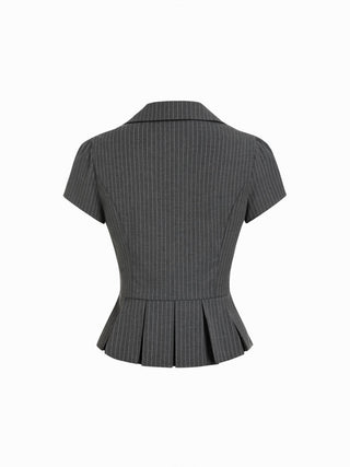 Stripe Notched Collar Puff Sleeve Pleated Hem Blouse