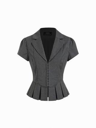 Stripe Notched Collar Puff Sleeve Pleated Hem Blouse