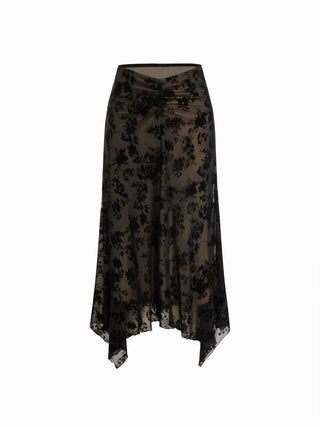 Mesh Mid Rise Floral Hanky Hem A-Line Midi Skirt