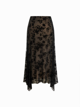 Mesh Mid Rise Floral Hanky Hem A-Line Midi Skirt