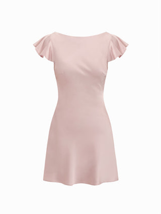 Satin Boat Neck Ruffle Sleeve Backless Mini Dress with Chain