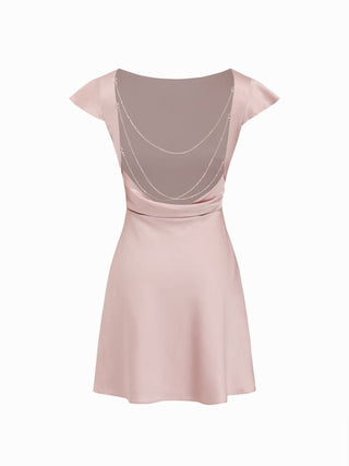 Satin Boat Neck Ruffle Sleeve Backless Mini Dress with Chain