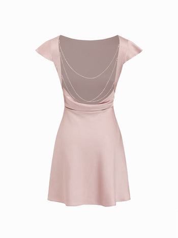 Satin Boat Neck Ruffle Sleeve Backless Mini Dress with Chain
