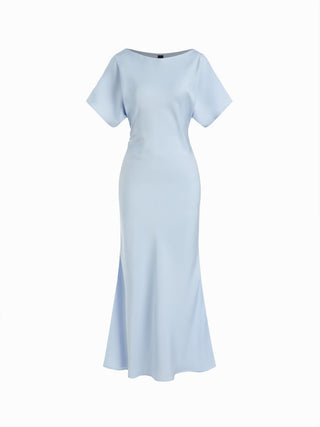 Satin Boat Neck Batwing Sleeve Bowknot Mermaid Maxi Dress