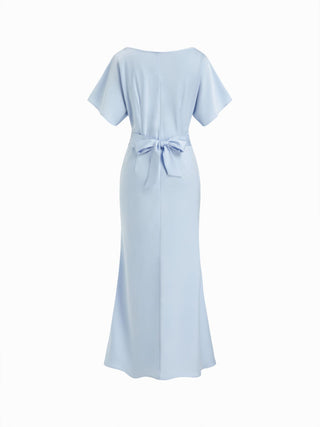 Satin Boat Neck Batwing Sleeve Bowknot Mermaid Maxi Dress