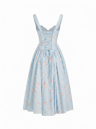 Cotton-blend Floral Sweetheart Neck Ruched Flared Midi Dress