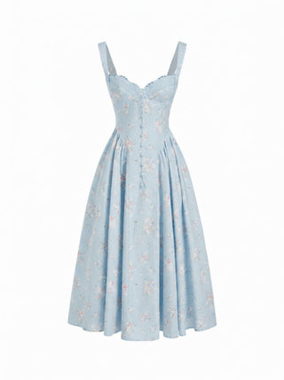 Cotton-blend Floral Sweetheart Neck Ruched Flared Midi Dress