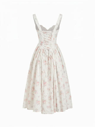 Cotton-blend Floral Sweetheart Neck Ruched Flared Midi Dress