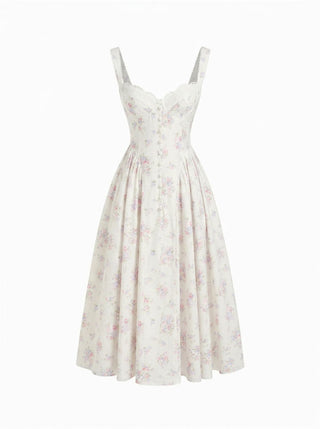 Cotton-blend Floral Sweetheart Neck Ruched Flared Midi Dress