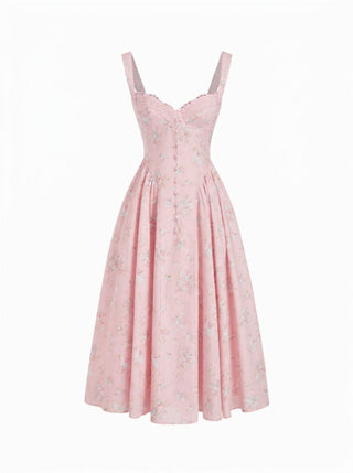 Cotton-blend Floral Sweetheart Neck Ruched Flared Midi Dress