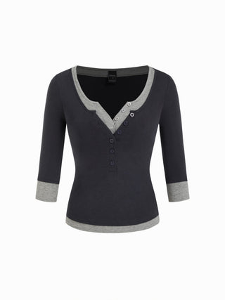 Cotton-blend Colorblock Scoop Neckline Mid-length Sleeve Layered Top