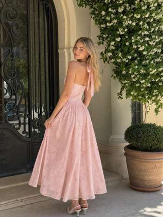 Jacquard Floral Halter Neckline Backless Flared Maxi Dress