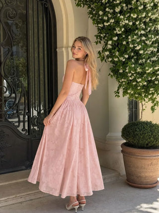 Jacquard Floral Halter Neckline Backless Flared Maxi Dress