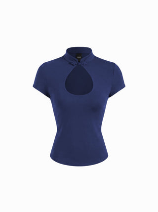 Mandarin Collar Short Sleeve Cut Out Top