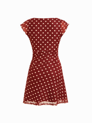 Mesh Polka Dot Short Sleeve Ruched A-line Mini Dress