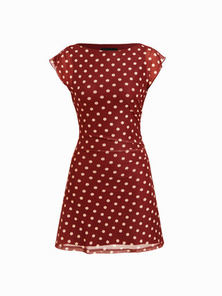 Mesh Polka Dot Short Sleeve Ruched A-line Mini Dress