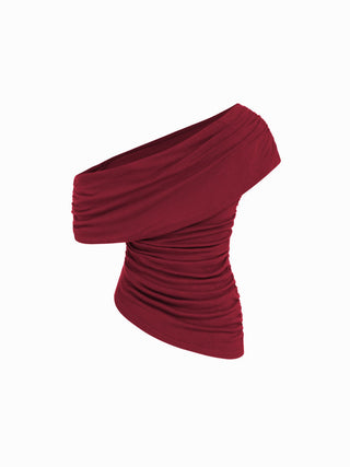Asymmetrical Neck Ruched Top & Mid Rise Wide Leg Trousers Set