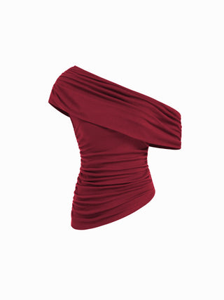 Asymmetrical Neck Ruched Top & Mid Rise Wide Leg Trousers Set