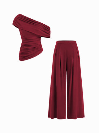 Asymmetrical Neck Ruched Top & Mid Rise Wide Leg Trousers Set