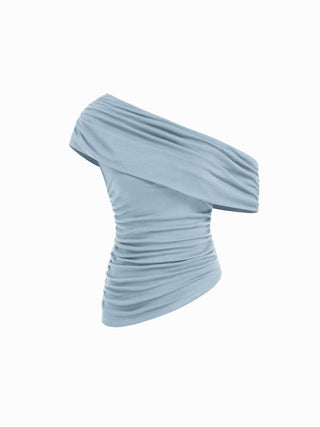 Asymmetrical Neck Ruched Top & Mid Rise Wide Leg Trousers Set