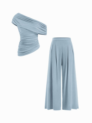 Asymmetrical Neck Ruched Top & Mid Rise Wide Leg Trousers Set
