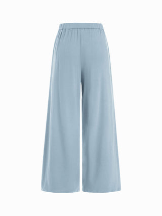 Asymmetrical Neck Ruched Top & Mid Rise Wide Leg Trousers Set